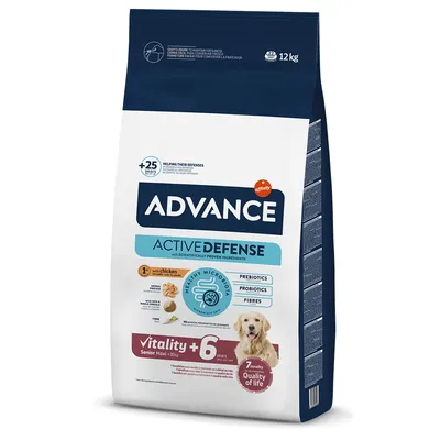 Advance Active Defense Vitality+6 Senior Maxi cibo per cani con pollo, 12 kg. Contiene prebiotici, probiotici e fibre per una microbiota sana. Per cani da 6 anni.