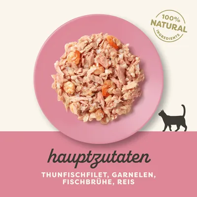 Hauptzutaten: Thunfischfilet, Garnelen, Fischbrühe, Reis. 100% natürliche Zutaten. Katzen-Symbol sichtbar.