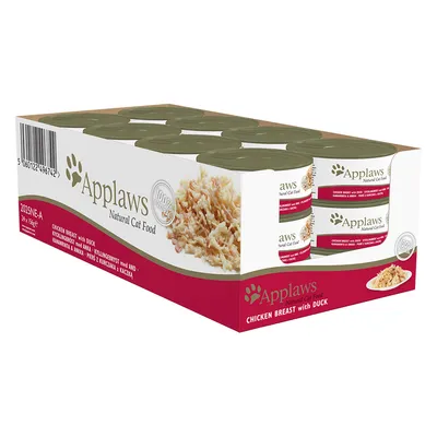 Lot de 24 boîtes Applaws Natural Cat Food, Chicken Breast with Duck, 156 g. Texte visible : 100 % natural, image de nourriture pour chat sur l’emballage.