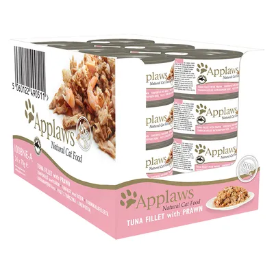 Applaws Natural Cat Food Tuna Fillet with Prawn, 24 x 70 g säilykepakkaus. Teksti: 100 % natural, tonnikalafileetä katkaravun kera. Tuotekuva ja annoskuva pakkauksessa.