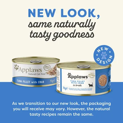 Applaws Natural Cat Food, Tuna Fillet with Crab 70g tins in old and new packaging. Text: New look, same naturally tasty goodness. New design. 100% natural. Packaging may vary.