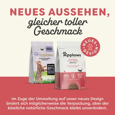 Applaws Katzenfutter, neues Design, gleicher Geschmack. Verpackung zeigt 'Grain Free', '80% Chicken Protein' und '400g'. Hinweis: Köstlicher natürlicher Geschmack bleibt unverändert.
