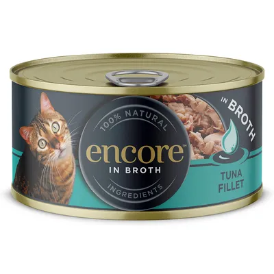 Encore in Broth, 100% natürliche Zutaten, Thunfischfilet. Abbildung einer Dose mit Katzenmotiv und Produktbeschreibung.