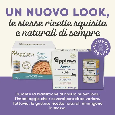 Applaws Senior Selection cibo per gatti, nuovo look dell’imballaggio. Le ricette naturali restano invariate durante la transizione del packaging. Testo: 'Un nuovo look, le stesse ricette squisite e naturali di sempre'.