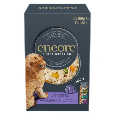 Encore Finest Selection, 5 x 100g poser. Fremstillet med naturlige ingredienser. Varianter: kyllingebryst med grøntsager, tunfilet og and i gelé.