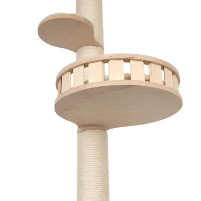 Cat tree made of wood with sisal-wrapped post, two platforms and a round lookout platform with railing.