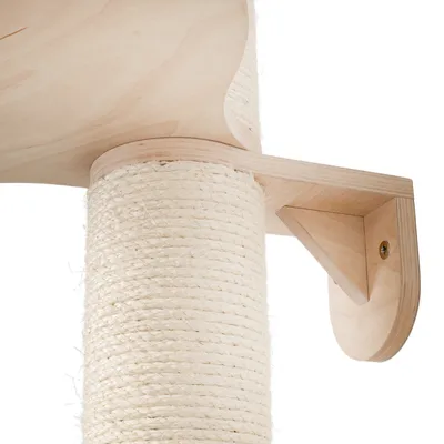 Cat tree made of light wood with sisal-wrapped post and stable base.