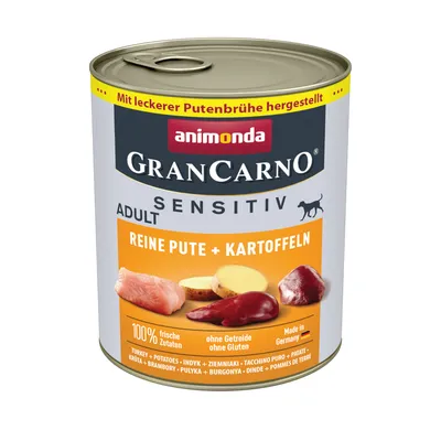 Animonda GranCarno Sensitiv Adult, καθαρή γαλοπούλα + πατάτες. Παρασκευάζεται με νόστιμο ζωμό γαλοπούλας, 100% φρέσκα συστατικά, χωρίς δημητριακά, χωρίς γλουτένη, Made in Germany.