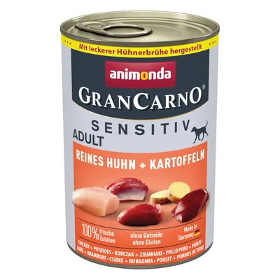 animonda GranCarno Sensitiv Adult, Reines Huhn + Kartoffeln, 100 % frische Zutaten, ohne Getreide, ohne Gluten, Made in Germany. Texte en allemand et anglais visibles sur l’emballage.