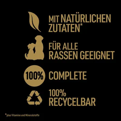 Mit natürlichen Zutaten, für alle Rassen geeignet, 100% Complete, 100% recycelbar. Hinweis: plus Vitamine und Mineralstoffe.