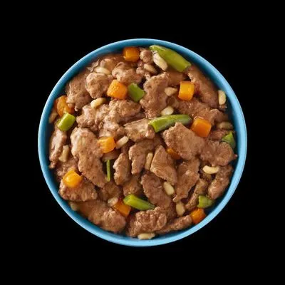 Blauwe kom met natvoer: stukjes vlees in saus, zichtbaar met oranje wortelblokjes, groene bonen en witte stukjes. Geen merknaam of tekst zichtbaar.