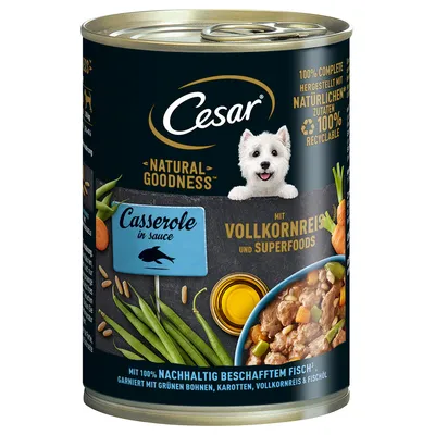 Cesar Natural Goodness Casserole in sauce, mit Vollkornreis und Superfoods. 100% complete, made with natural ingredients, 100% recyclable. Visible green beans, carrots, rice, fish oil.