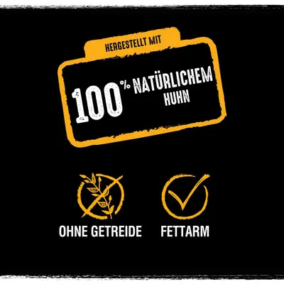 Texte en allemand : Hergestellt mit 100 % natürlichem Huhn, ohne Getreide, fettarm