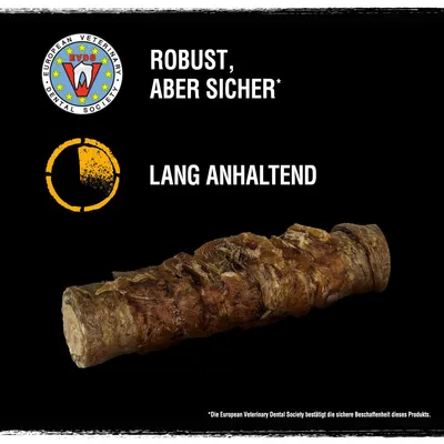 Sceau European Veterinary Dental Society, texte en allemand : ROBUST, ABER SICHER*, LANG ANHALTEND, image d’un bâton à mâcher pour chien. Texte non traduit, informations visibles uniquement.