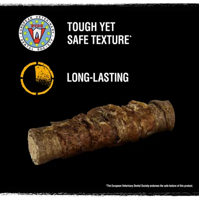 Text: TOUGH YET SAFE TEXTURE*, LONG-LASTING. Sigill: European Veterinary Dental Society. Bild på ett tuggben. *The European Veterinary Dental Society endorses the safe texture of this product.