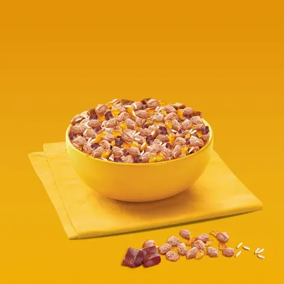 Bowl filled with mixed dry pet food pieces, including brown kibble, yellow chunks, white rice-shaped bits and dark cubes, shown on a yellow napkin with some pieces scattered in front.