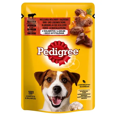 Pedigree mješavina govedine i jetre u želeu, bogata komadićima, s prirodnim sastojcima. 100% potpuna i uravnotežena.