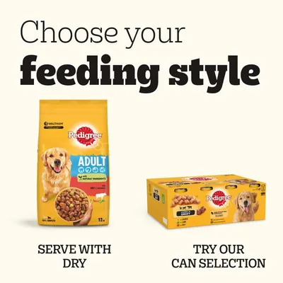 Pedigree Adult crocchette e confezione multipla di lattine. Testo in inglese: Choose your feeding style, Serve with dry, Try our can selection.