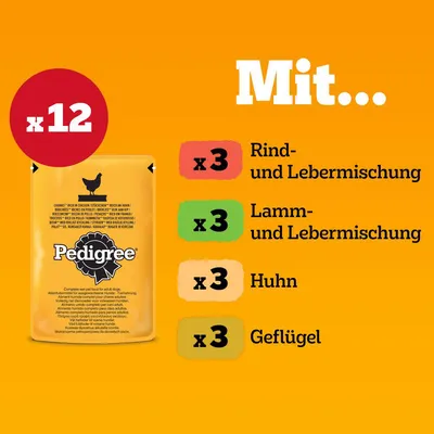 Pedigree Nassfutter Multipack mit 12 Portionen: je 3x Rind- und Lebermischung, Lamm- und Lebermischung, Huhn und Geflügel. Verpackung zeigt gelbes Design mit Pedigree-Logo.