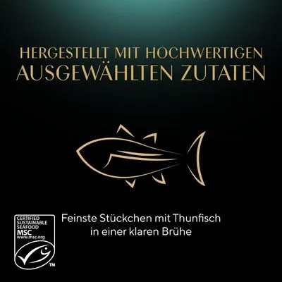 Hergestellt mit hochwertigen ausgewählten Zutaten. Feinste Stückchen mit Thunfisch in einer klaren Brühe. MSC-zertifizierter nachhaltiger Fischfang.