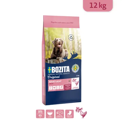 Bozita Original Adult Light hundfoder, 12 kg. Text: 19 % protein, 6 % fett, wheat free, digestive health. Bild på hund och kycklingikon synliga på förpackningen.