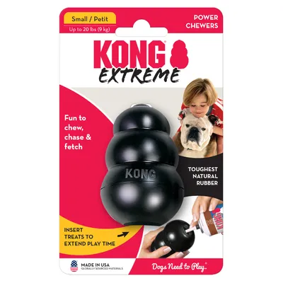 KONG Extreme juguete para masticadores fuertes, tamaño Small hasta 9 kg. Hecho de caucho natural resistente. Made in USA. Nota: insertar premios para prolongar el juego.