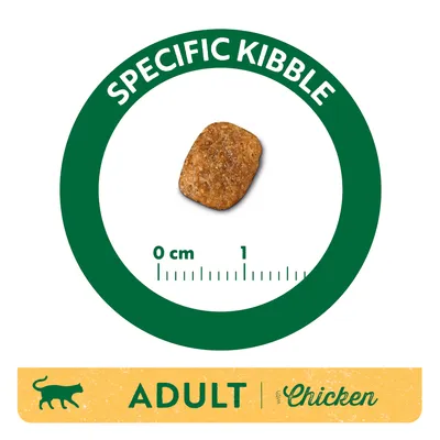 Single kibble piece with size scale 0–1 cm, text: SPECIFIC KIBBLE. Label below shows cat icon, ADULT with Chicken.