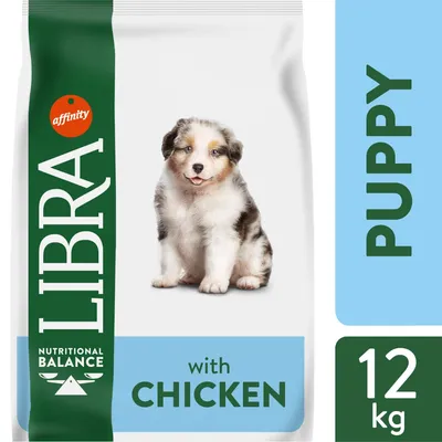 Vreća hrane za pse LIBRA Nutritional Balance with chicken, PUPPY, 12 kg. Vidljiv tekst: affinity.