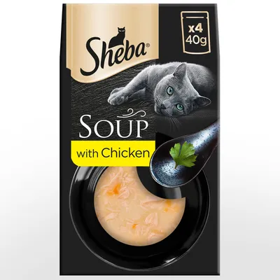 Sheba Soup with Chicken, pack contains 4 x 40g portions. Image shows soup in a bowl and a spoon with parsley.