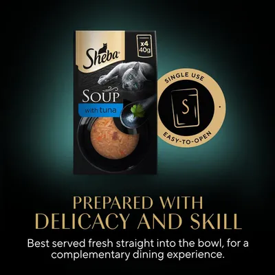 Sheba Soup with tuna, single use easy-to-open pack, prepared with delicacy and skill. Best served fresh straight into the bowl for a complementary dining experience.