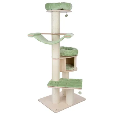Cat tree made of wood with green cushions, multiple levels, hammock and cave. Sisal-wrapped posts for claw care.