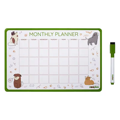 Zooplus monthly planner with green frame, weekdays Monday to Sunday and blank grid. Includes a green marker with eraser.