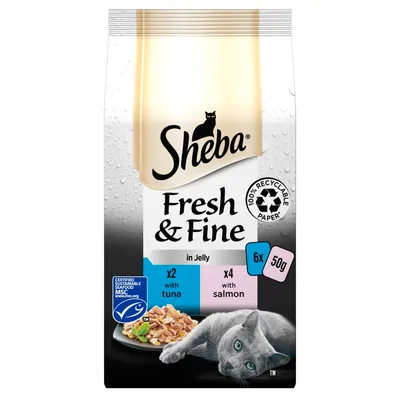 Sheba Fresh & Fine in Jelly, 6 x 50g pouches with 2 tuna and 4 salmon, certified sustainable seafood, 100% recyclable paper packaging.