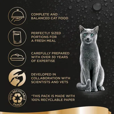 Complete and balanced cat food, perfectly sized portions, over 30 years of expertise, developed with scientists and vets, pack made with 100% recyclable paper.