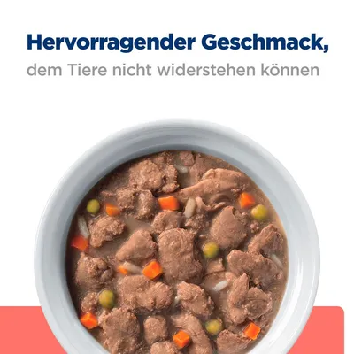 Texte en allemand : Hervorragender Geschmack, dem Tiere nicht widerstehen können. Bol de nourriture humide avec morceaux de viande, carottes et petits pois visibles.