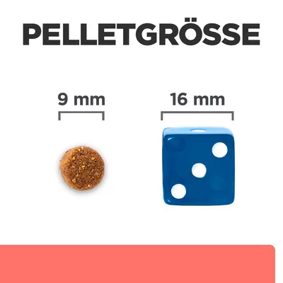 Pelletgrösse: Vergleich von 9 mm Pellet mit einem 16 mm Würfel.