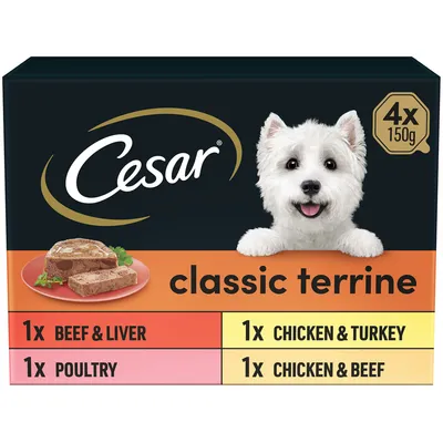 Cesar classic terrine selection pack, 4 x 150g portions: 1 beef and liver, 1 poultry, 1 chicken and turkey, 1 chicken and beef. Product image shows food slices on a plate.