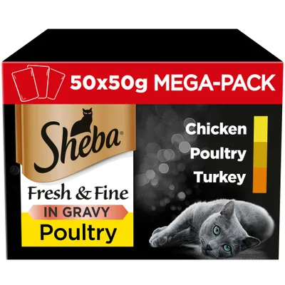 Sheba Fresh & Fine in Gravy Poultry mega-pack, 50 x 50g portions with chicken, poultry and turkey varieties shown on the packaging.