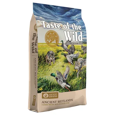 Sac Taste of the Wild Ancient Wetlands avec Ancient Grains, illustration de canards et loups, texte visible : Canine Recipe with Roasted Fowl.