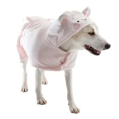 Dog wearing a pink costume with hood, decorated with sheep face and ears. Product shows clothing for pets.