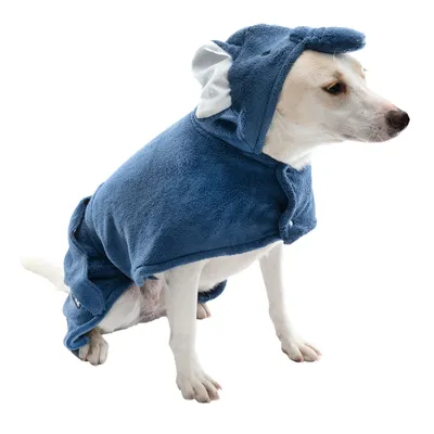 Dog wearing a blue costume with hood and ears, made of soft fabric. Product shows design and fit for pet clothing.