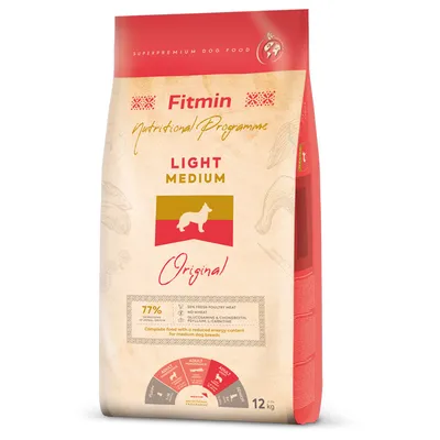 Fitmin Nutritional Programme Light Medium Original, 12kg. 77 % čerstvého drůbežího masa, bez pšenice, s glukosaminem a chondroitinem. Kompletní krmivo pro střední plemena psů se sníženou energií.
