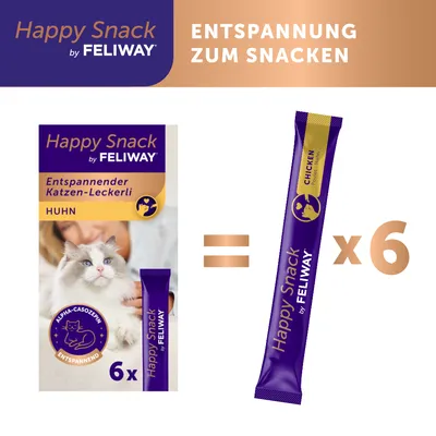 Happy Snack by Feliway, friandises pour chat au poulet, lot de 6 sticks. Texte visible en allemand : Entspannender Katzen-Leckerli, Huhn, Alpha-Casozepin entspannend, Entspannung zum Snacken.