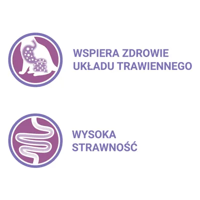 Wspiera zdrowie układu trawiennego, wysoka strawność – tekst i dwa fioletowe symbole przewodu pokarmowego zwierząt.