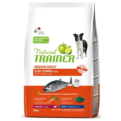 Natural Trainer Medium/Adult Hundefutter mit Thunfisch und Reis, 3kg. Mit natürlichen Präbiotika, Chicorée-Wurzel und Spirulina. Ohne Farbstoffe, Konservierungsstoffe und Zuckerzusätze.