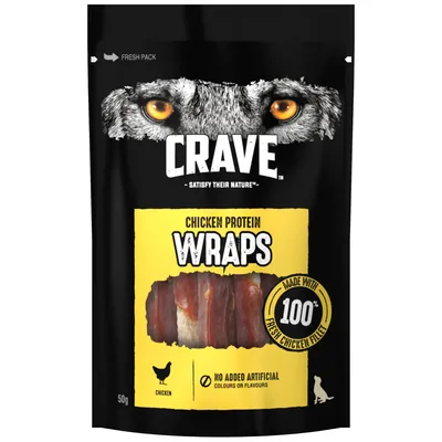 Crave Chicken Protein Wraps, made with 100% fresh chicken fillet, no added artificial colours or flavours, 50g pack. Product image shows wraps and key features.