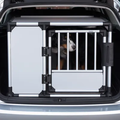 Transport box made of metal and plastic in a car boot, with a dog visible behind the bars.