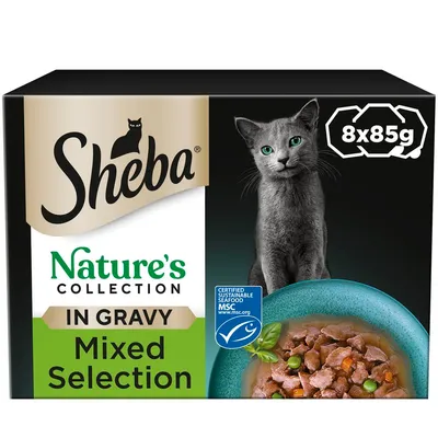 Sheba Nature's Collection in Gravy Mixed Selection, 8 x 85g packs, certified sustainable seafood MSC, image of food in gravy with vegetables.
