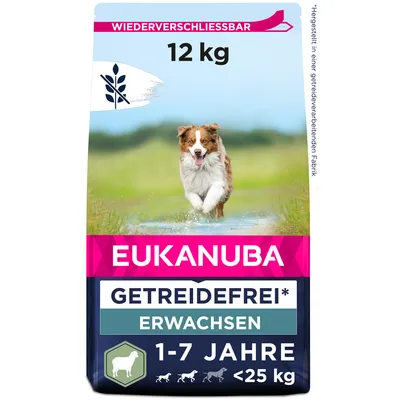 Eukanuba без зърнени храни, за възрастни кучета, 1-7 години, под 25 кг, с повторно затваряне, 12 кг. Произведено в завод, обработващ зърнени храни.