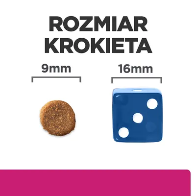 Rozmiar krokieta: średnica 9 mm, porównanie z niebieską kostką do gry o boku 16 mm. Widoczne napisy: 'ROZMIAR KROKIETA', '9 mm', '16 mm'.